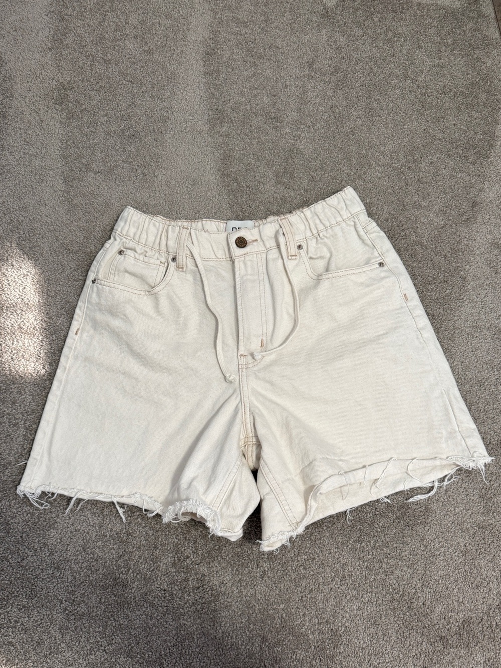 BDG Cream High-Rise Raw Hem Denim Shorts drawstring